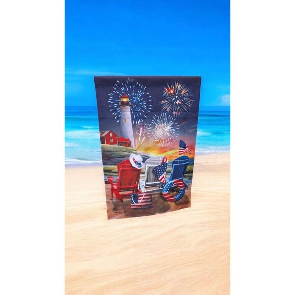 Beachfront Fireworks Fourth of July House Flag Patriotic Nautical 28" x 40 - Picture 1 of 2